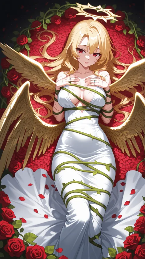 8 k，High definition，Items of delicate light，halo effect，sharp focus，hips，HDR，professional，seductive red eyes, angel woman in a revealing white dress，Elegant，(wavy Blonde long hair: 1.2)，(Ring of golden halo: 1.2)，(Petals : 1.2)，laying on flower bed、 create...