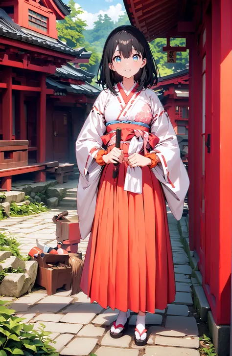 score_9, score_8_up, score_7_up, source_anime, It's because of Rikkata, black hair with a young pattern, blue eyes, MEDIUM HAIR, orange scrunch, scrunchie, Wrist Scrunches , smile,cover,Open Your Mouth,Orange wrist scrunch, Shrine maiden, kimono, object,...