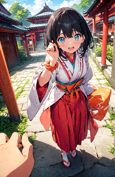 score_9, score_8_up, score_7_up, source_anime, It's because of Rikkata, black hair with a young pattern, blue eyes, MEDIUM HAIR, orange scrunch, scrunchie, Wrist Scrunches , smile,cover,Open Your Mouth,Orange wrist scrunch, Shrine maiden, kimono, object,...