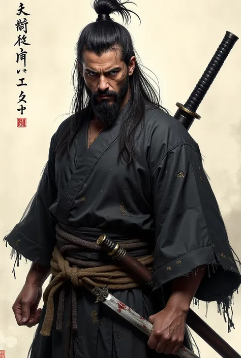 "A highly detailed, ultra-realistic depiction of a fierce samurai warrior. He has long, unkempt black hair tied in a topknot, a strong and chiseled face with a determined and intense expression. His deep-set eyes are filled with a warrior's resolve. He wea...