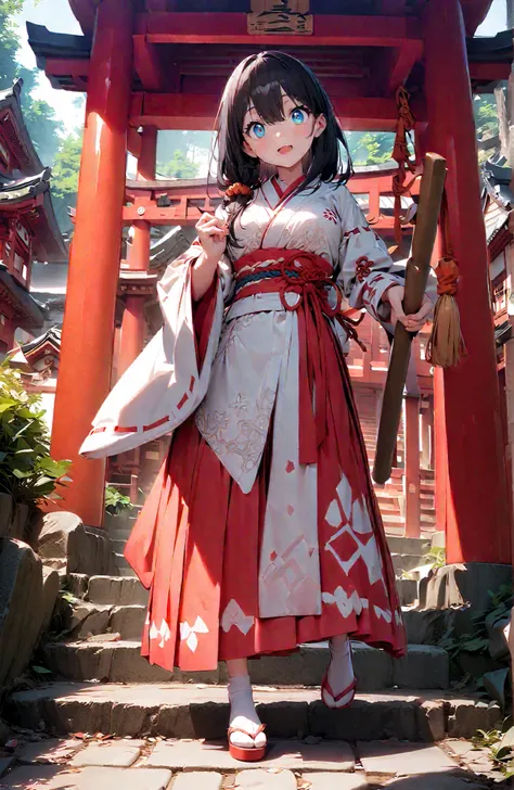 score_9, score_8_up, score_7_up, source_anime, It's because of Rikkata, black hair with a young pattern, blue eyes, long hair, orange scrunch, scrunchie,  Wrist Scrunches , smile,cover,Open Your Mouth,Orange wrist scrunch, Shrine maiden,  kimono, object,  ...