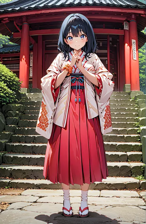 score_9, score_8_up, score_7_up, source_anime, It's because of Rikkata, black hair with a young pattern, blue eyes, MEDIUM HAIR, orange scrunch, scrunchie, Wrist Scrunches , smile,cover,Open Your Mouth,Orange wrist scrunch, Shrine maiden, kimono, object,...