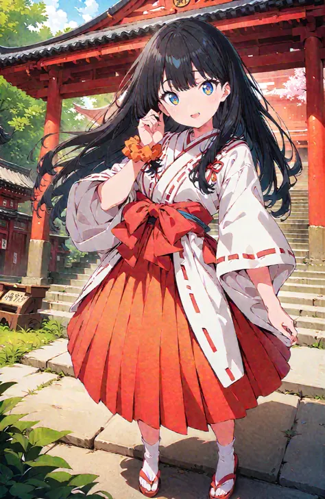 score_9, score_8_up, score_7_up, source_anime, It's because of Rikkata, black hair with a young pattern, blue eyes, long hair, orange scrunch, scrunchie,  Wrist Scrunches , smile,cover,Open Your Mouth,Orange wrist scrunch, Shrine maiden,  kimono, object,  ...