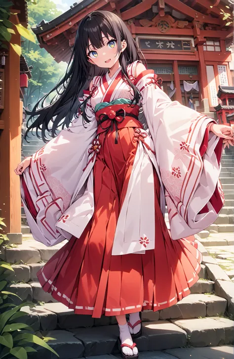 score_9, score_8_up, score_7_up, source_anime, It's because of Rikkata, black hair with a young pattern, blue eyes, semi-long hair in spring, orange scrunch, scrunchie,  Wrist Scrunches , smile,cover,Open Your Mouth,Orange wrist scrunch, Shrine maiden,  ki...