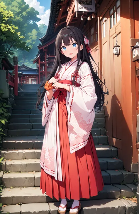 score_9, score_8_up, score_7_up, source_anime, It's because of Rikkata, black hair with a young pattern, blue eyes, semi-long hair in spring, orange scrunch, scrunchie,  Wrist Scrunches , smile,cover,Open Your Mouth,Orange wrist scrunch, Shrine maiden,  ki...