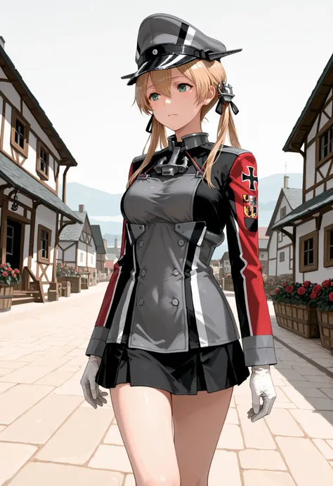 Prinz Eugen (Kantai Collection), masterpiece, Best Quality, 32K, high resolution, Absard dress, Prince Eugene (KanColle), Rose Twin Tails, Gold Embellished Anchor Hair Ornament, long sleeve, Village Seen from a Military Angle, MILITARY UNIFORMS, gloves, ir...