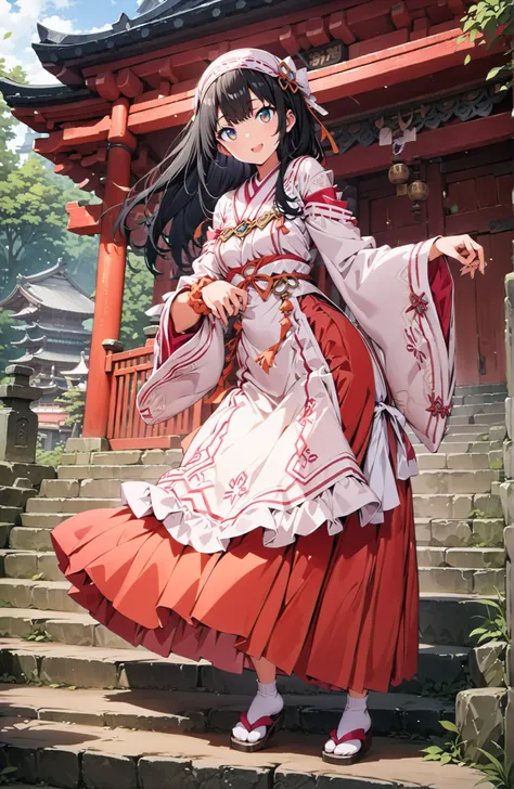 score_9, score_8_up, score_7_up, source_anime, It's because of Rikkata, black hair with a young pattern, blue eyes, semi-long hair in spring, orange scrunch, scrunchie, Wrist Scrunches , smile,cover,Open Your Mouth,Orange wrist scrunch, Shrine maiden, ki...