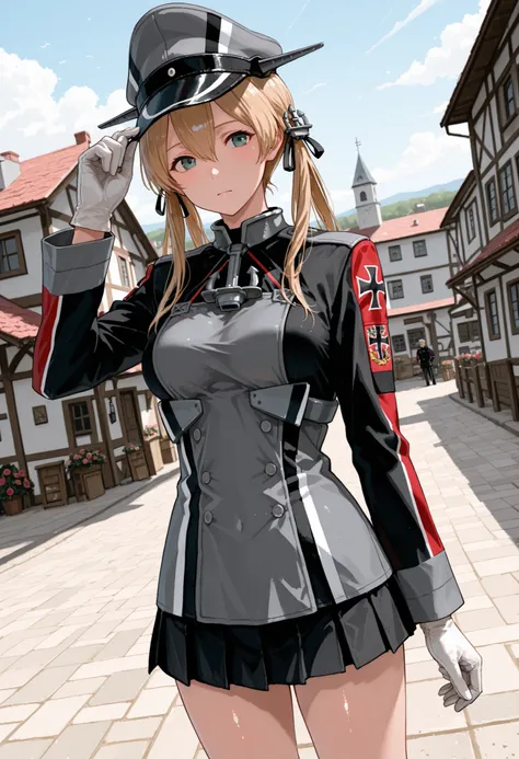 Prinz Eugen (Kantai Collection), Score 9, score up 8, Score 7 Up, Safety Assessment, detailed background, Shiny Skin, masterpiece, Best Quality, 32K, high resolution, Absard dress, Prince Eugene (KanColle), Rose Twin Tails, Gold Embellished Anchor Hair Or...