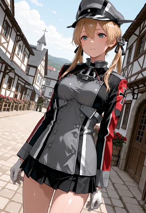 Prinz Eugen (Kantai Collection),  Score 9, score up 8, Score 7 Up, Safety Assessment, detailed background, Shiny Skin, masterpiece, Best Quality, 32K, high resolution, Absard dress, Prince Eugene (KanColle), Rose Twin Tails, Gold Embellished Anchor Hair Or...