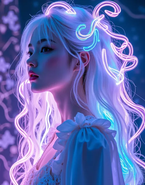 8k, 傑作, 最高品質,リアルな写真, youngwoman, elegance,傑作、diagonal side angle,looking up,"Create an artistic Ethereal Ghostly portrait ,Neon, (发光的Neon玻璃制成的招牌)，透明Neon材质，Gloss，Refraction Details，Albino girl，长须Neon线水母在头上，Long hair doll，(发光Neon线制成的长裙:1.5)，Renaissance，Baroq...