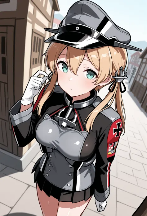 Prinz Eugen (Kantai Collection),  Score 9, score up 8, Score 7 Up, Safety Assessment, detailed background, Shiny Skin, masterpiece, Best Quality, 32K, high resolution, Absard dress, Prince Eugene (KanColle), Rose Twin Tails, Gold Embellished Anchor Hair Or...
