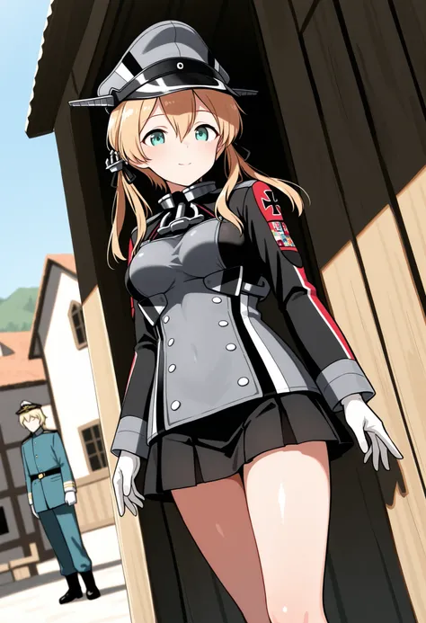 Prinz Eugen (Kantai Collection),  Score 9, score up 8, Score 7 Up, Safety Assessment, detailed background, Shiny Skin, masterpiece, Best Quality, 32K, high resolution, Absard dress, Prince Eugene (KanColle), Rose Twin Tails, Gold Embellished Anchor Hair Or...