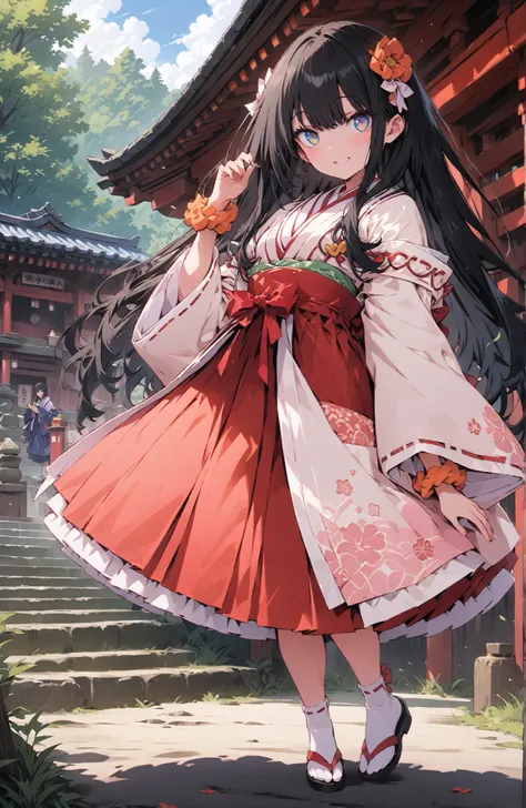 score_9, score_8_up, score_7_up, source_anime, It's because of Rikkata, black hair with a young pattern, blue eyes, semi-long hair in spring, orange scrunch, scrunchie,  Wrist Scrunches , smile,cover,Open Your Mouth,Orange wrist scrunch, Shrine maiden,  ki...