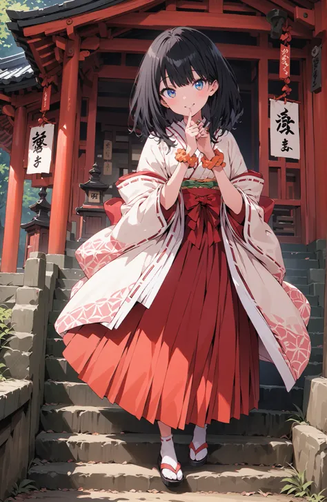 score_9, score_8_up, score_7_up, source_anime, It's because of Rikkata, black hair with a young pattern, blue eyes, MEDIUM HAIR, orange scrunch, scrunchie,  Wrist Scrunches , smile,cover,Open Your Mouth,Orange wrist scrunch, Shrine maiden,  kimono, object,...