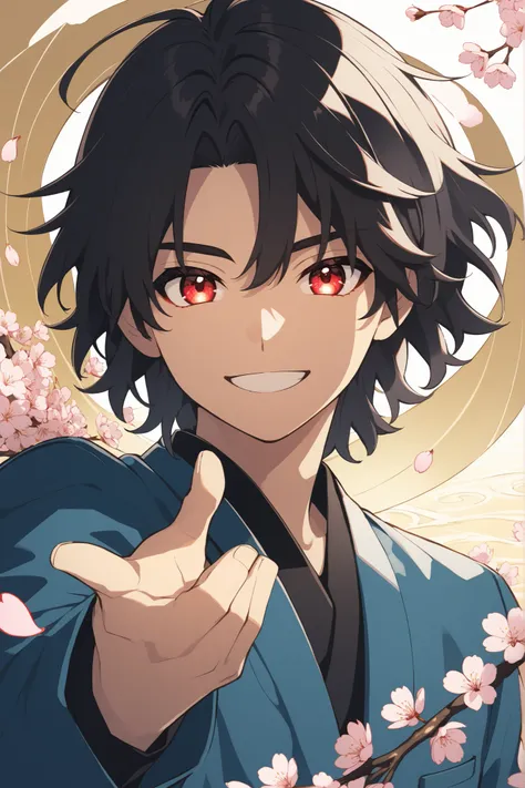 A young man with medium hair, black hair, glowing red eyes with a confident smile gesture. He wears a blue jacket with a red cut, with floating cherry blossoms and a golden sea wave background.