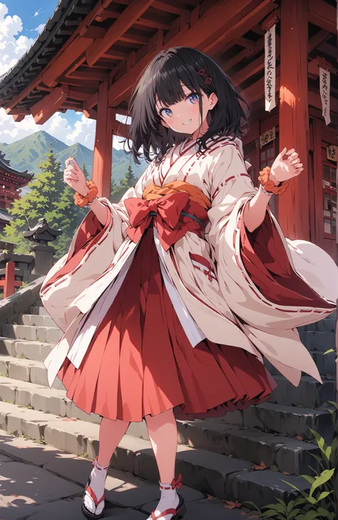 score_9, score_8_up, score_7_up, source_anime, It's because of Rikkata, black hair with a young pattern, blue eyes, MEDIUM HAIR, orange scrunch, scrunchie,  Wrist Scrunches , smile,cover,Open Your Mouth,Orange wrist scrunch, Shrine maiden,  kimono, object,...