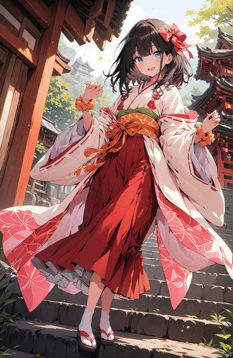 score_9, score_8_up, score_7_up, source_anime, It's because of Rikkata, black hair with a young pattern, blue eyes, MEDIUM HAIR, orange scrunch, scrunchie,  Wrist Scrunches , smile,cover,Open Your Mouth,Orange wrist scrunch, Shrine maiden,  kimono, object,...