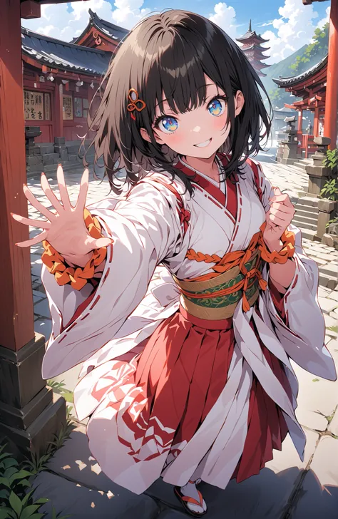score_9, score_8_up, score_7_up, source_anime, It's because of Rikkata, black hair with a young pattern, blue eyes, MEDIUM HAIR, orange scrunch, scrunchie,  Wrist Scrunches , smile,cover,Open Your Mouth,Orange wrist scrunch, Shrine maiden,  kimono, object,...