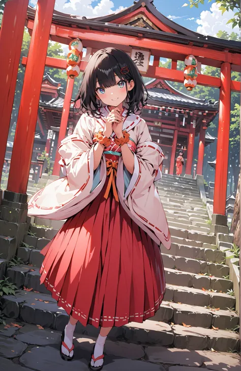 score_9, score_8_up, score_7_up, source_anime, It's because of Rikkata, black hair with a young pattern, blue eyes, MEDIUM HAIR, orange scrunch, scrunchie, Wrist Scrunches , smile,cover,Open Your Mouth,Orange wrist scrunch, Shrine maiden, kimono, object,...