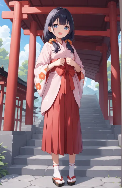 score_9, score_8_up, score_7_up, source_anime, It's because of Rikkata, black hair with a young pattern, blue eyes, long hair, orange scrunch, scrunchie, Wrist Scrunches , smile,cover,Open Your Mouth,Orange wrist scrunch, Shrine maiden, kimono, object, ...