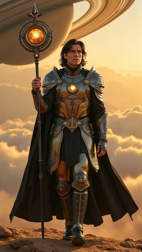 Cillian Murphy reimagined as the Saturn walking and holding a long, staff-like timepiece, dramatic atmosphere, 1 male, full figure, full body,

Medium-length dark brown hair brushed back, piercing pale blue eyes with a distant, reflective gaze. His posture...