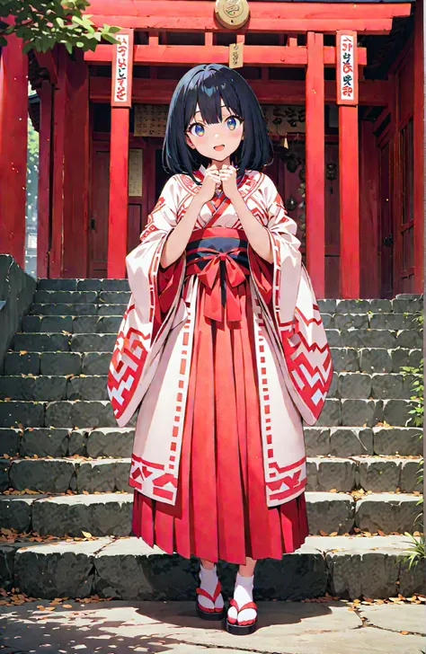 score_9, score_8_up, score_7_up, source_anime, It's because of Rikkata, black hair with a young pattern, blue eyes, MEDIUM HAIR, orange scrunch, scrunchie, Wrist Scrunches , smile,cover,Open Your Mouth,Orange wrist scrunch, Shrine maiden, kimono, object,...