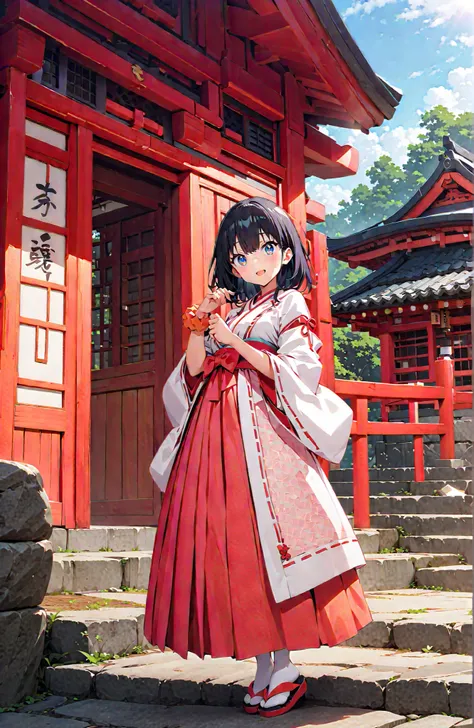 score_9, score_8_up, score_7_up, source_anime, It's because of Rikkata, black hair with a young pattern, blue eyes, MEDIUM HAIR, orange scrunch, scrunchie, Wrist Scrunches , smile,cover,Open Your Mouth,Orange wrist scrunch, Shrine maiden, kimono, object,...