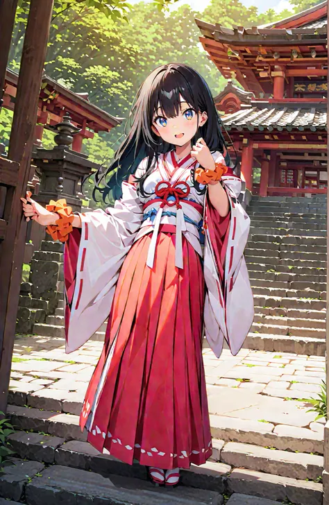 score_9, score_8_up, score_7_up, source_anime, It's because of Rikkata, black hair with a young pattern, blue eyes, long hair, orange scrunch, scrunchie, Wrist Scrunches , smile,cover,Open Your Mouth,Orange wrist scrunch, Shrine maiden, kimono, object, ...