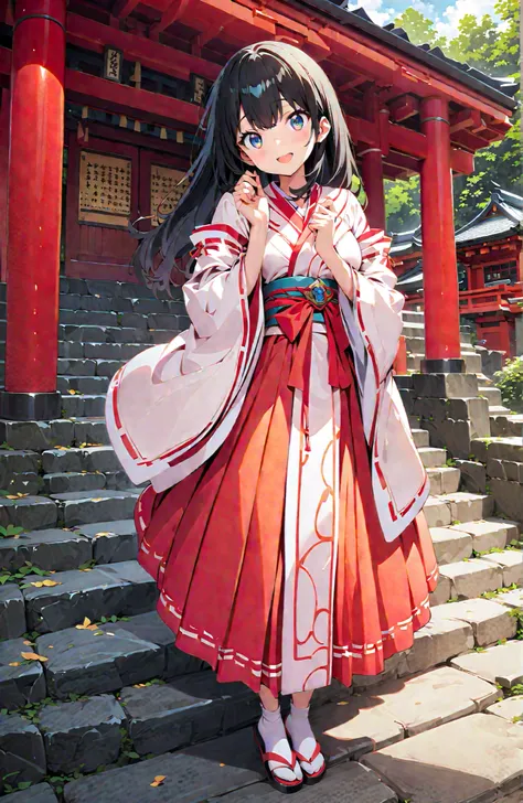 score_9, score_8_up, score_7_up, source_anime, It's because of Rikkata, black hair with a young pattern, blue eyes, long hair, orange scrunch, scrunchie, Wrist Scrunches , smile,cover,Open Your Mouth,Orange wrist scrunch, Shrine maiden, kimono, object, ...