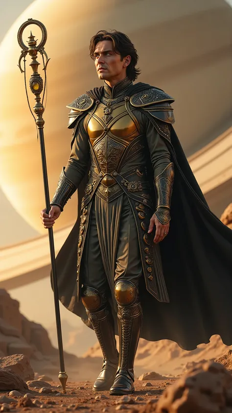 Cillian Murphy reimagined as the Saturn walking and holding a long, staff-like timepiece, dramatic atmosphere, 1 male, full figure, full body,

Medium-length dark brown hair brushed back, piercing pale blue eyes with a distant, reflective gaze. His posture...