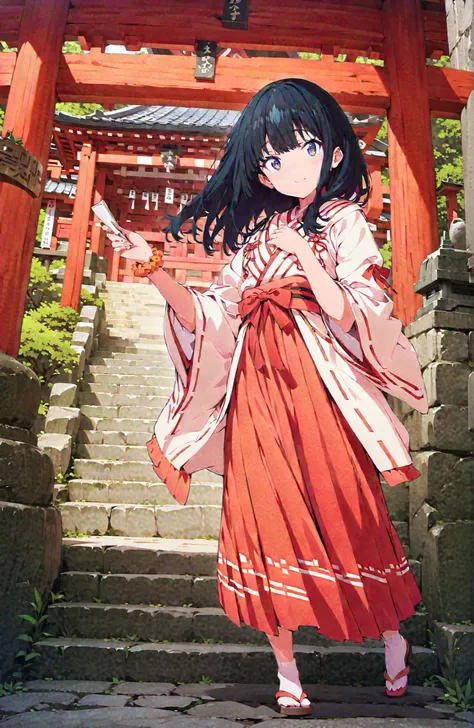 score_9, score_8_up, score_7_up, source_anime, It's because of Rikkata, black hair with a young pattern, blue eyes, long hair, orange scrunch, scrunchie, Wrist Scrunches , smile,cover,Open Your Mouth,Orange wrist scrunch, Shrine maiden, kimono, object, ...