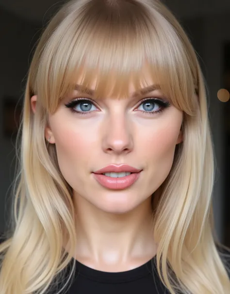 (Professional photography of 1girl (ohwx woman), smiling, extreme close up, passport photo, 50mm Macro Lens) 
(sharp blue eyes, starring directly into camera)
(standing rigidly squared to the camera)
(Long blonde hair, voluminous, bangs, fringe)