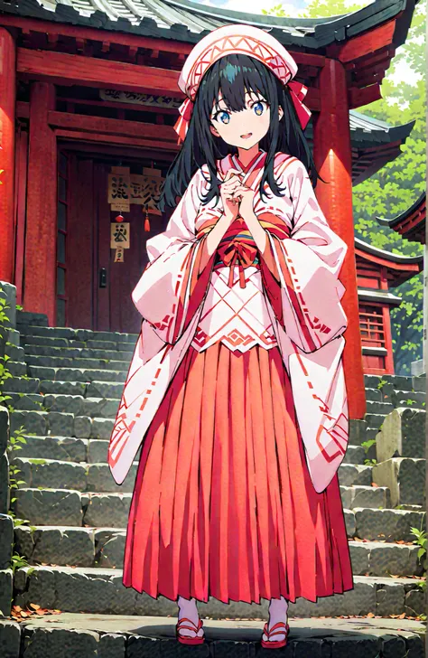 score_9, score_8_up, score_7_up, source_anime, It's because of Rikkata, black hair with a young pattern, blue eyes, long hair, orange scrunch, scrunchie, Wrist Scrunches , smile,cover,Open Your Mouth,Orange wrist scrunch, Shrine maiden, kimono, object, ...