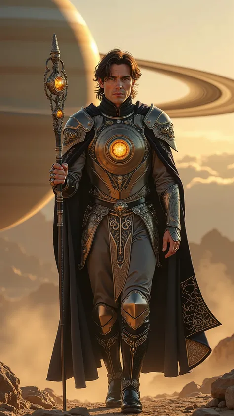 Cillian Murphy reimagined as the Saturn walking and holding a long, staff-like timepiece, dramatic atmosphere, 1 male, full figure, full body,

Medium-length dark brown hair brushed back, piercing pale blue eyes with a distant, reflective gaze. His posture...