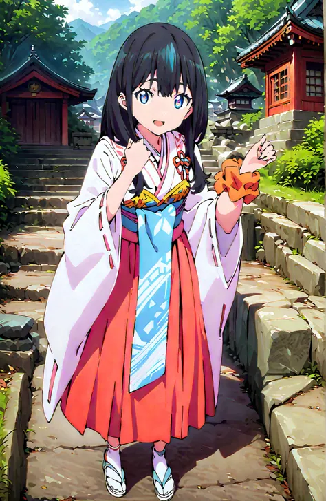 score_9, score_8_up, score_7_up, source_anime, It's because of Rikkata, black hair with a young pattern, blue eyes, long hair, orange scrunch, scrunchie,  Wrist Scrunches , smile,cover,Open Your Mouth,Orange wrist scrunch, Shrine maiden,  kimono, object,  ...