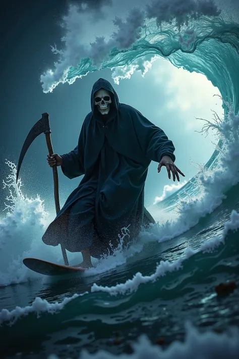 (Top Quality: 1.4),( Art by Peter Mohrbacher), (Unparalleled Masterpiece),(Ultra High Definition),(Ultra-Realistic 8k CG), [fat] grim reaper, wearing grim reaper's clothes,(riding on the surfboard), (riding on waves :2.0),(dynamic angle:1.2),high quality,(...