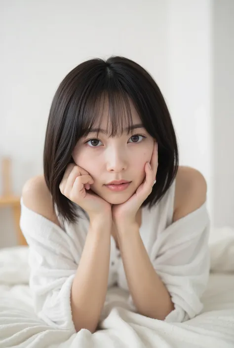 Create an image of an exceptionally beautiful Japanese girl with fair skin. She is lying on the bed in her white room, wearing comfortable loungewear. Her straight, semi-short hair frames her face softly. The ambiance is enhanced by cinematic lighting, cre...