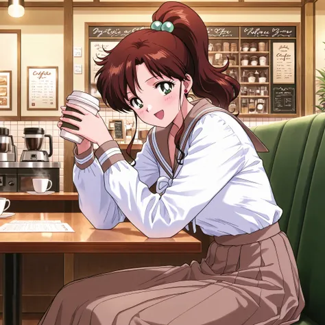 masterpiece,best quality,amazing quality, 1girl, makoto kino, brown hair, green eyes, hair bobbles, medium hair, ponytail, parted bangs, serafuku, brown sailor collar, white shirt, long sleeves,, brown skirt, looking at viewer, smiling, laughing, mouth ope...
