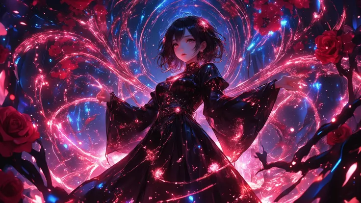 instruct:
Rose Angel。extravagant、yet wear a jet black long dress that seems to condense the darkness of the night itself。That dress is a vivid rose-colored space created by roses on one side、that can see through everything。can stand out、the skin is white l...