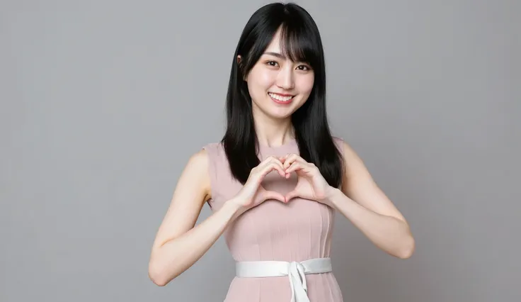high resolution、 It's a material that marks a smiling woman posing alone , completely naked, wearing pajamas、I'm making a big heart with both hands in front of my chest