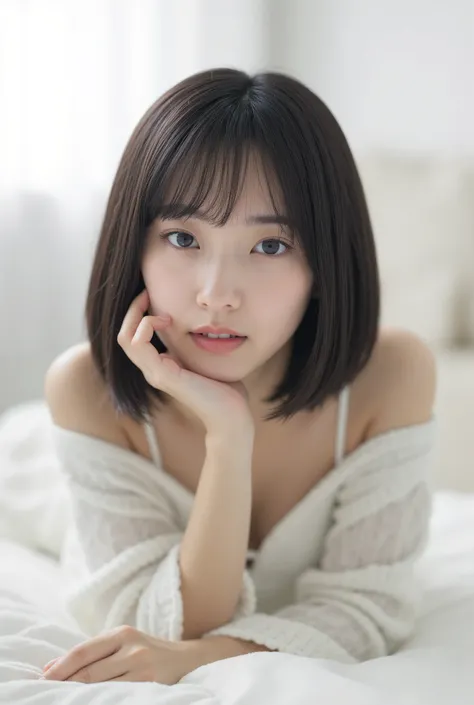 Create an image of an exceptionally beautiful Japanese girl with fair skin. She is lying on the bed in her white room, wearing comfortable loungewear. Her straight, semi-short hair frames her face softly. The ambiance is enhanced by cinematic lighting, cre...