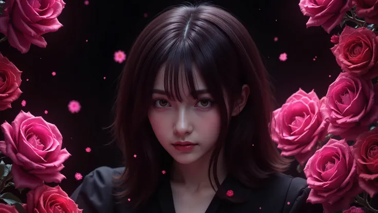 instruct:
Rose Angel。extravagant、yet the darkness of the night itself。That dress is a vivid rose-colored space created by roses on one side、that can see through everything。can stand out、the skin is white like pottery、ephemeral in cherry blossom light、Howev...