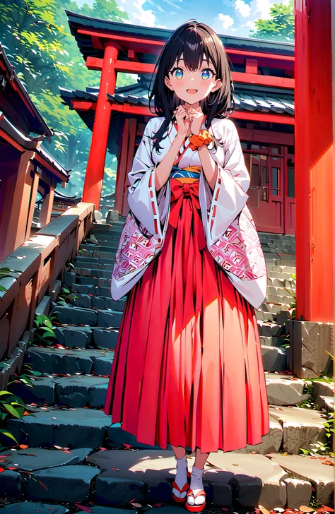 score_9, score_8_up, score_7_up, source_anime, It's because of Rikkata, black hair with a young pattern, blue eyes, long hair, orange scrunch, scrunchie,  Wrist Scrunches , smile,cover,Open Your Mouth,Orange wrist scrunch, Shrine maiden,  kimono, object,  ...