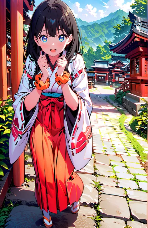 score_9, score_8_up, score_7_up, source_anime, It's because of Rikkata, black hair with a young pattern, blue eyes, long hair, orange scrunch, scrunchie,  Wrist Scrunches , smile,cover,Open Your Mouth,Orange wrist scrunch, Shrine maiden,  kimono, object,  ...