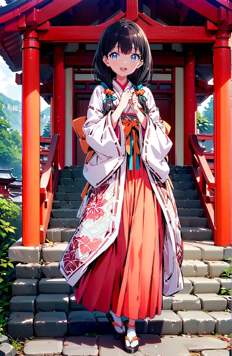 score_9, score_8_up, score_7_up, source_anime, It's because of Rikkata, black hair with a young pattern, blue eyes, long hair, orange scrunch, scrunchie,  Wrist Scrunches , smile,cover,Open Your Mouth,Orange wrist scrunch, Shrine maiden,  kimono, object,  ...
