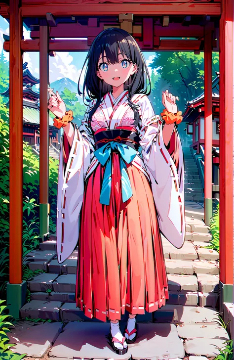 score_9, score_8_up, score_7_up, source_anime, It's because of Rikkata, black hair with a young pattern, blue eyes, long hair, orange scrunch, scrunchie,  Wrist Scrunches , smile,cover,Open Your Mouth,Orange wrist scrunch, Shrine maiden,  kimono, object,  ...