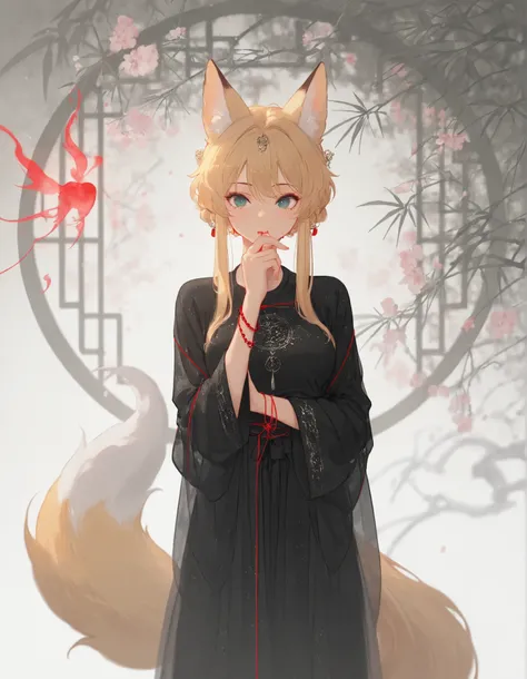 1girl,fox_spirit_attire, (illusion_mist:1.2), tail_flick, red_thread_bracelet, moonlit_bamboo_forest
,masterpiece, best quality, newest, highres, absurdres,