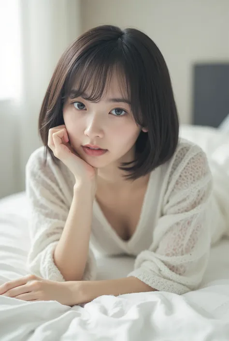Create an image of an exceptionally beautiful Japanese girl with fair skin. She is lying on the bed in her white room, wearing comfortable loungewear. Her straight, semi-short hair frames her face softly. The ambiance is enhanced by cinematic lighting, cre...