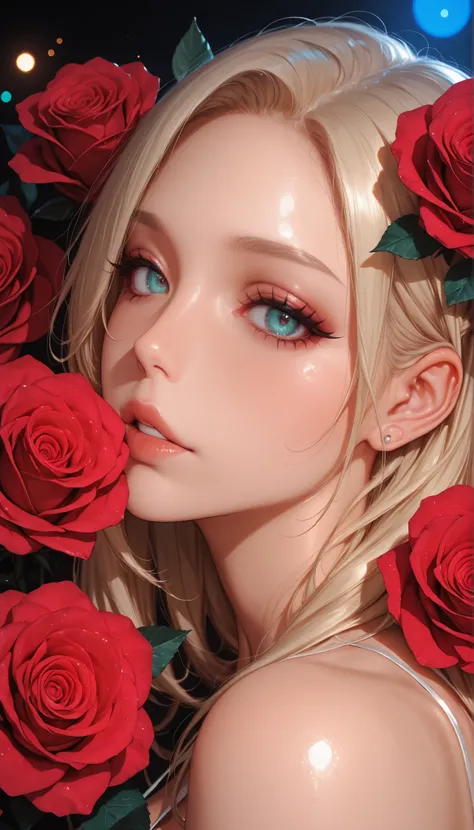 Beautiful Angel Portraits Surrounded by Roses, Roses on one side, Surrounding roses, Sexy young and busty woman, closeup shot, 4K high definition, Photographic Realism, HDR, Studio Lighting, Deep Focus, professional, vivid colors, bokeh effects