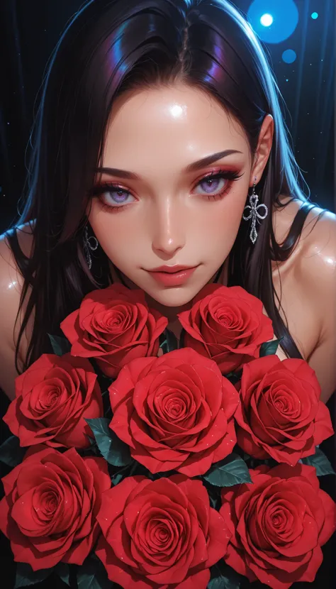 Beautiful Angel Portraits Surrounded by Roses, Roses on one side, Surrounding roses, sexy young dark-haired woman, closeup shot, laughs, 4K high definition, Photographic Realism, HDR, Studio Lighting, Deep Focus, professional, vivid colors, bokeh effects